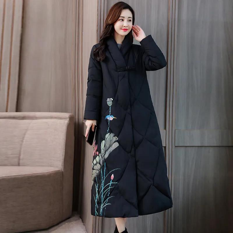 Chinese Style Cotton-padded Jacket Women's Retro Printing Was Thinner Mid-length Cotton-padded Jacket Ethnic Wind Over The Knee Coat