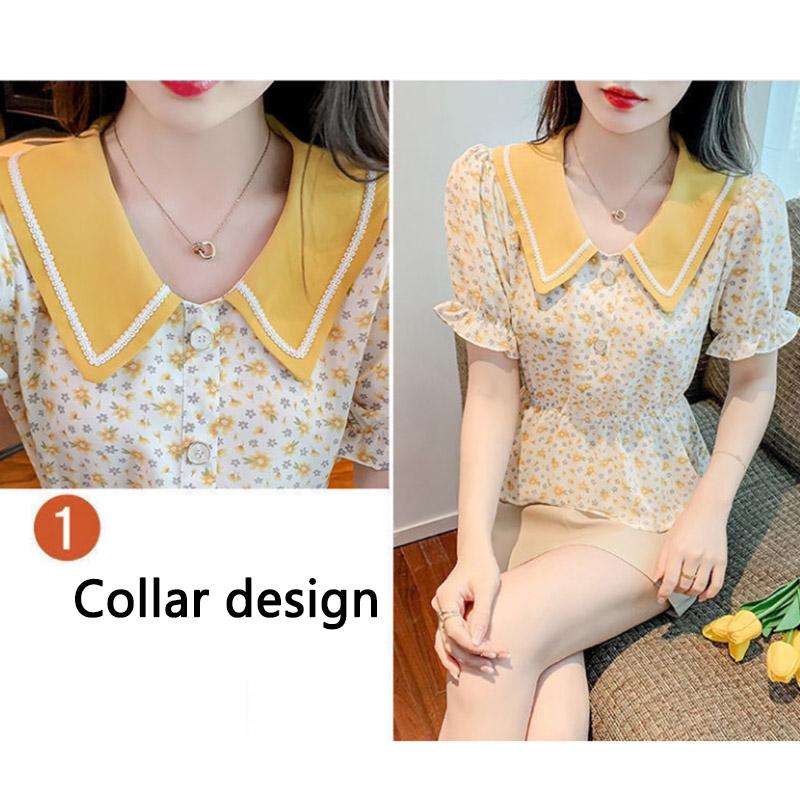 Contrast Color Doll Collar Short-sleeved Floral Shirt Women's Summer Dress Waist Short Shirt Top Trendy