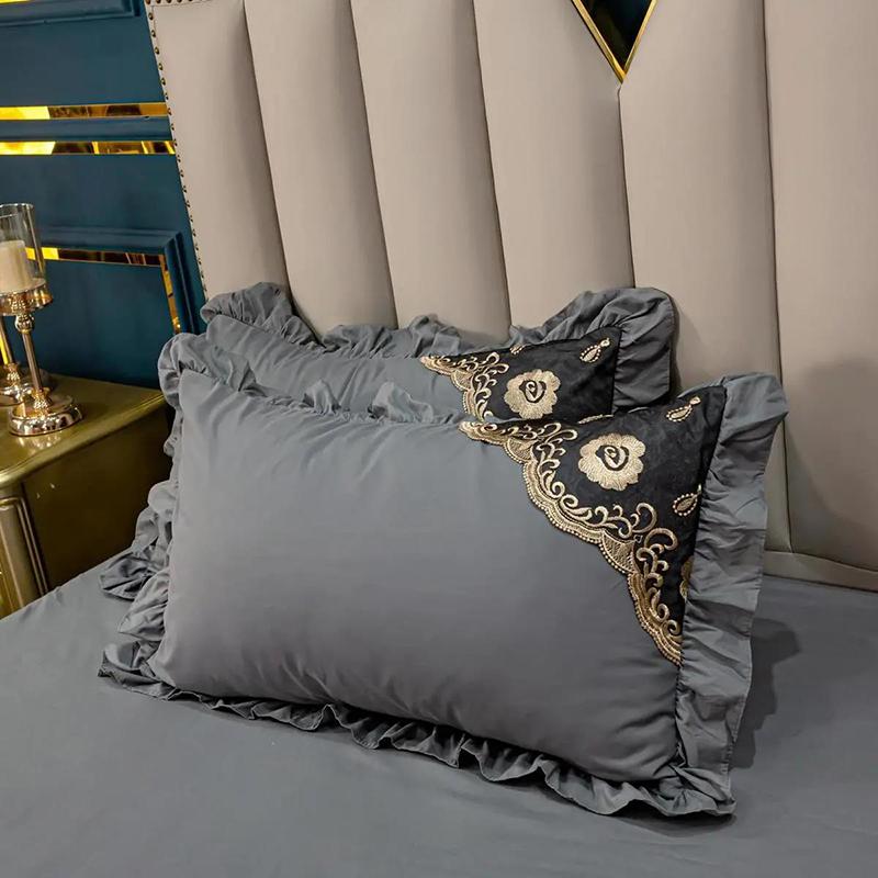 Lotus Leaf Pillowcase Princess Style Pure Color Pillowcase Lace Double Pillowcase One Pair Set 48*74cm