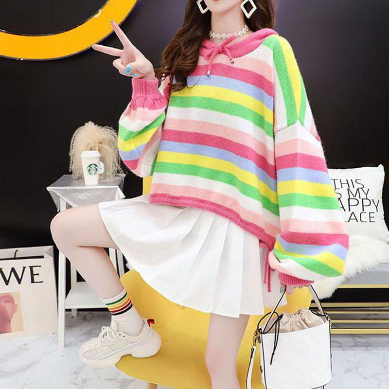 Rainbow Striped Pullover Sweater Women's Short Autumn Loose Casual Hooded Sweater Top Simple Drawstring Knitwear coat