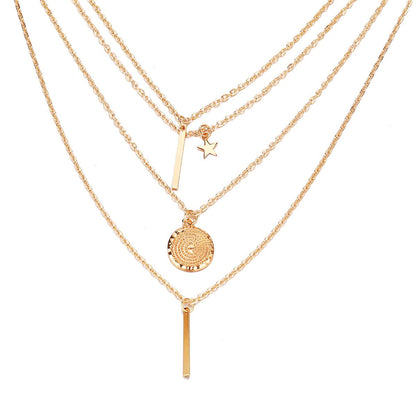 2 Pairs of Star Round Bar Vertical Necklace Ladies Prom Party Bohemian Four-layer Clavicle Chain Jewelry Gift