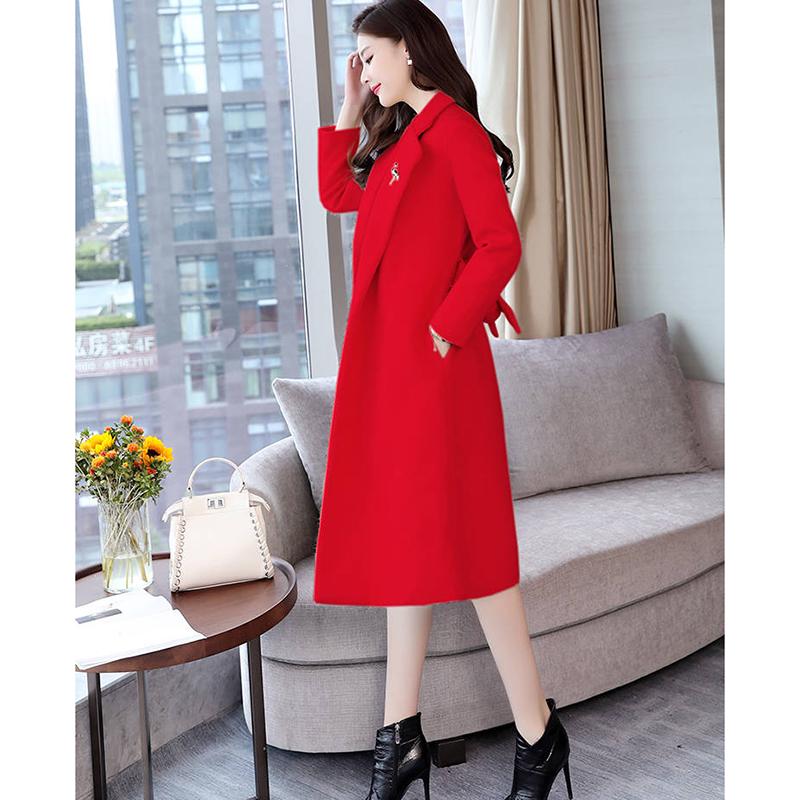 Wool Blend Winter Coat Women Long Sleeve Elegant Belt Female Outwear Coat Autumn Streetwear Coat