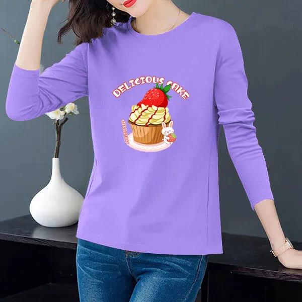 Spring Women Long-sleeved T-shirt Birthday Cake Print Pullover Boutique Bottoming Shirt Casual Loose Shirt