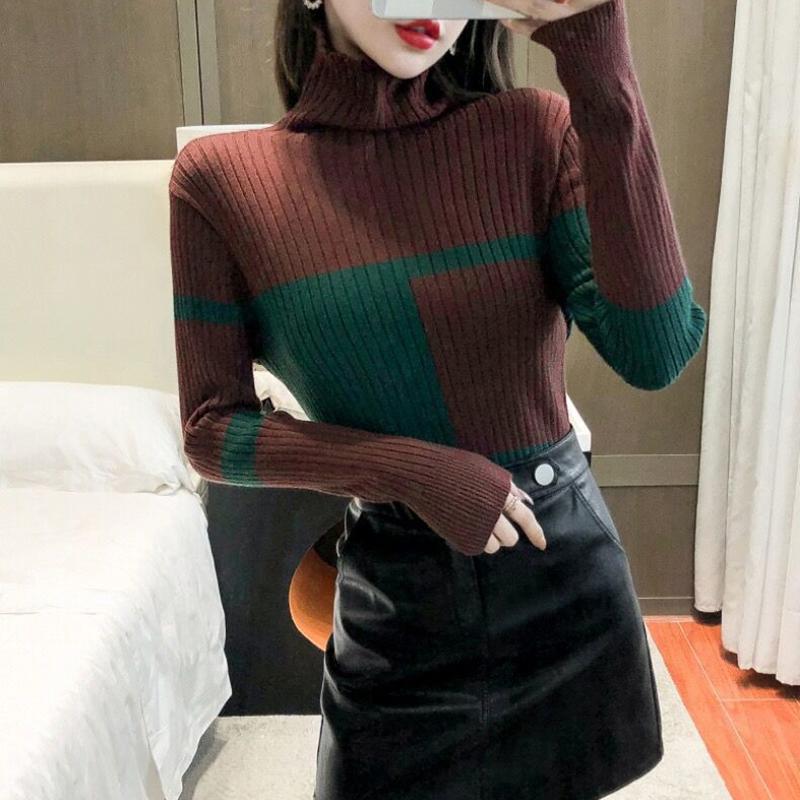 Sweater Women's Purple Turtleneck Pullover Striped Slim Knitwear Jacquard Top Trendy Sweater Autumn and Winter Y2K Jumper