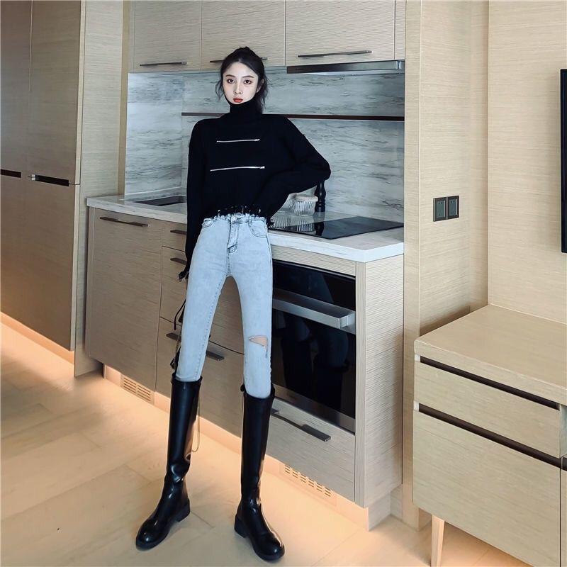 Women's Solid Color Trendy Fashion Zipper Slim Bottoming Sweater High Neck Tassel Short Knit Sweater