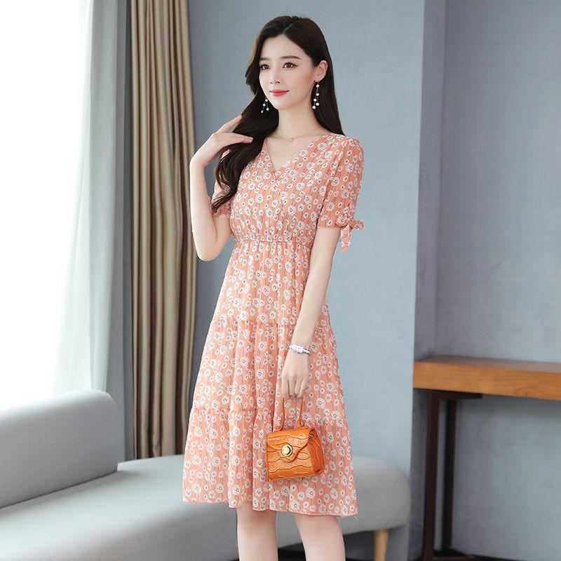 French Temperament Printed Dress Female Summer V-neck Slim Mid-length Dress Puff Sleeve A-line Skirt