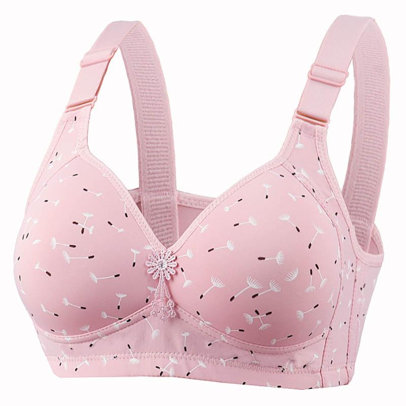 Large Size No Steel Ring Large Cup Thin Cup Full Cup Simple Style Printed Back Three-Row Buckle Adjustable Side Closure Anti-Sagging Bra