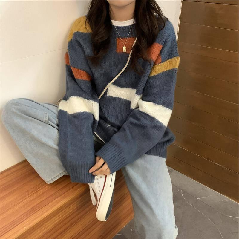 Pofulove Winter Korean Lazy Color-matching Sweater Female Loose Wild Mid-length Pullover Sweater