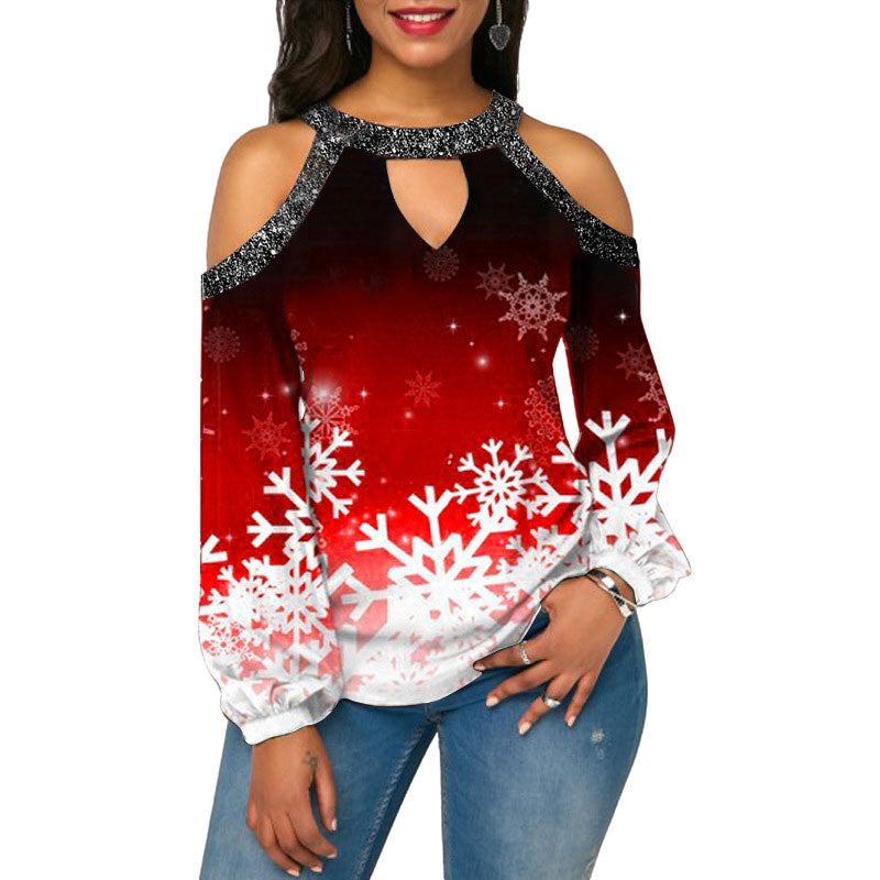 Printed T-shirt Sparkling Stitching Off Shoulder Festival-themed Shirt Women's Long-sleeved Blouse Sexy Halter Streetwear Shirts