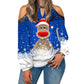 Elk Print T-Shirt Round Neck Off Shoulder Top Christmas Ladies Vintage Long Sleeve Shirt Women Sexy Tops Harajuku Graphic Tee