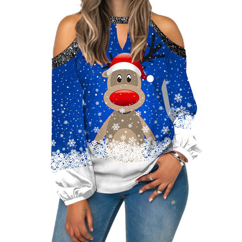 Elk Print T-Shirt Round Neck Off Shoulder Top Christmas Ladies Vintage Long Sleeve Shirt Women Sexy Tops Harajuku Graphic Tee