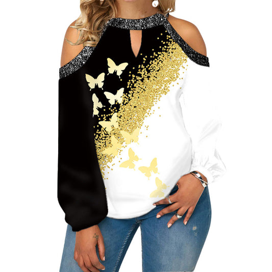 Butterfly Print T Shirt Casual Off Shoulder Cute Cat Loose Pullover Tops Fashion Autumn Clothes Long Sleeve Tops for Women 2022