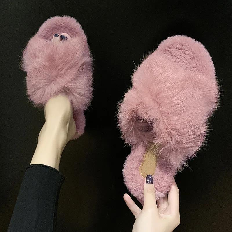 Outer Wear Fur Slippers Woman Made Rabbit Fur Cross Cotton Mop Home Warmth Cotton Mop Cute Warm Breathable and Comfortable
