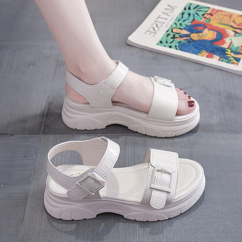 Sandals Women's Summer All-match Flat Shoes Non-slip Thick-soled Ladies Roman Shoes Black Glossy Simple Sports Casual Sandals