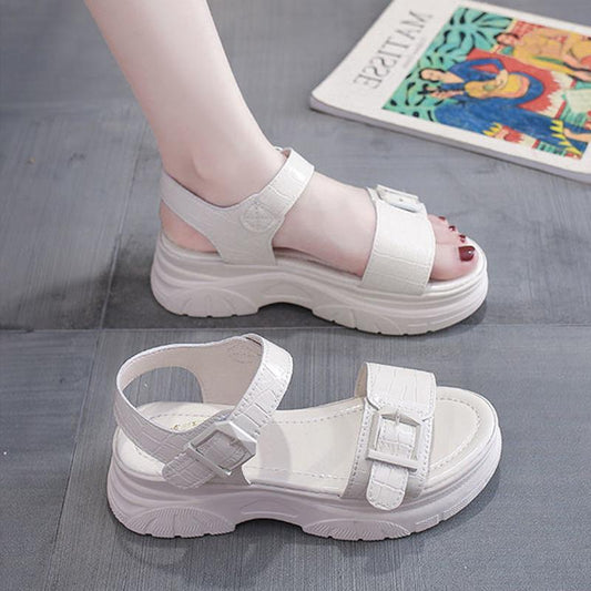 Sandals Women's Summer All-match Flat Shoes Non-slip Thick-soled Ladies Roman Shoes Black Glossy Simple Sports Casual Sandals