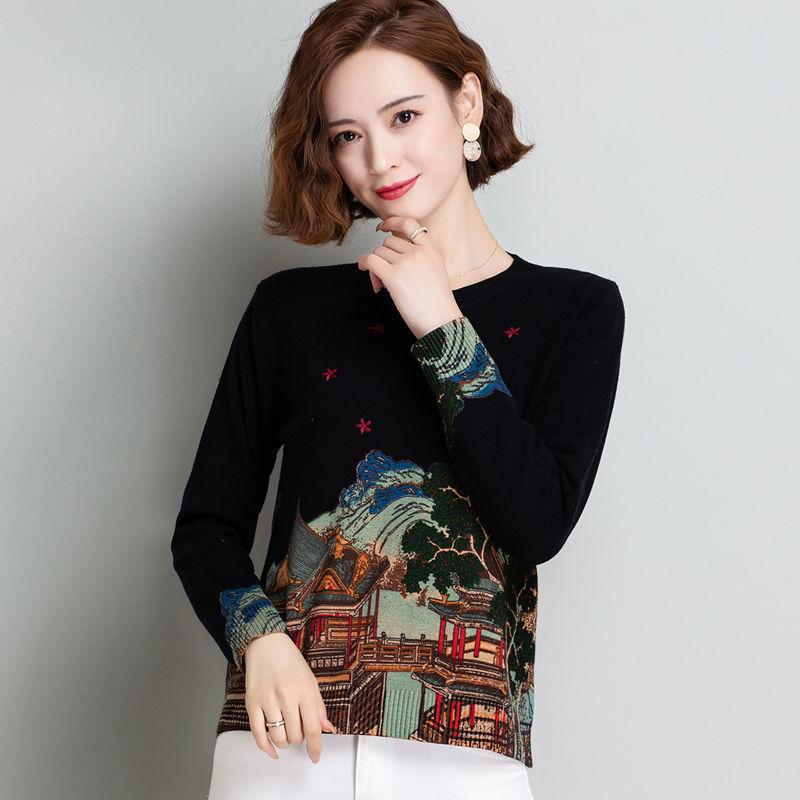 Ethnic Style Women's Woolen Sweater Autumn  Winter Printed Sweater Loose plus Size Knitted Jumper