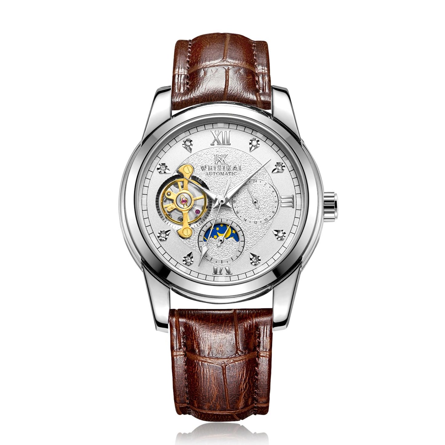 Men Fashion Auto Mechanical Watch Leather Strap Sub Dial Date Tachometer Luxury Wrist Watch
