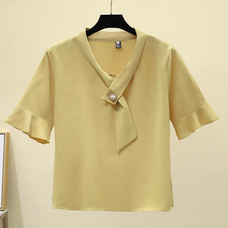 Summer Ladies Top Sleeve Shirt Chiffon Short Sleeve blouse V-neck Solid Color Breathable blouse