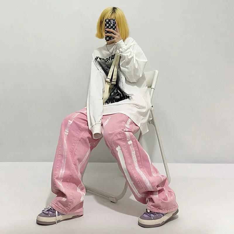 Pink Jeans Female Spring and Autumn Design INS Inkjet Wild Trend Loose Straight Bread Pants