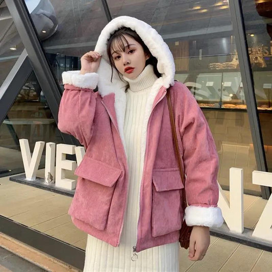 Cotton Plus Velvet Loose Hooded Corduroy Long-sleeved Cotton-padded Jacket Female Student