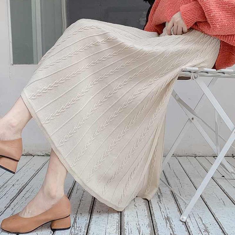 Autumn and Winter Women's High Waist A-line Skirt Knit Long Solid Color Casual Loose Umbrella Skirt Pleated Skirt