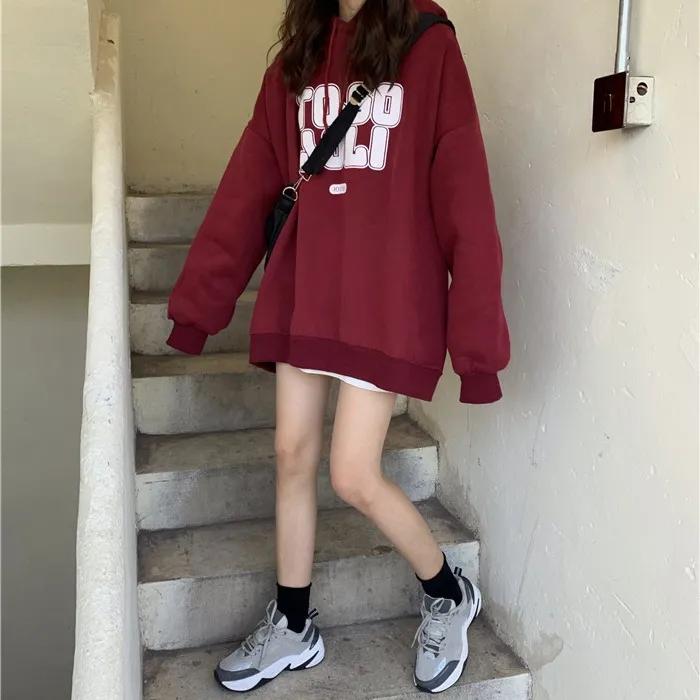 Sweater Women's Ins Plus Velvet Thickened Student Korean of The Loose BF Lazy Style Letter Printing Top Hooded Jacket Printing Pullover Sweater