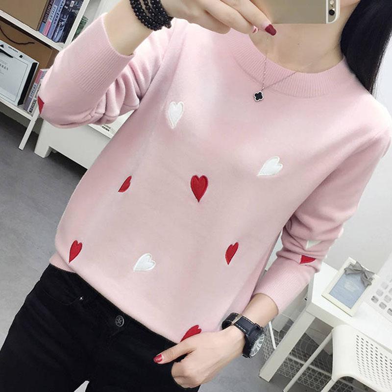 Pofulove Women Knitted Turtleneck Sweater Solid  Embroidered Heart Streetwear Pullovers  Female Tops
