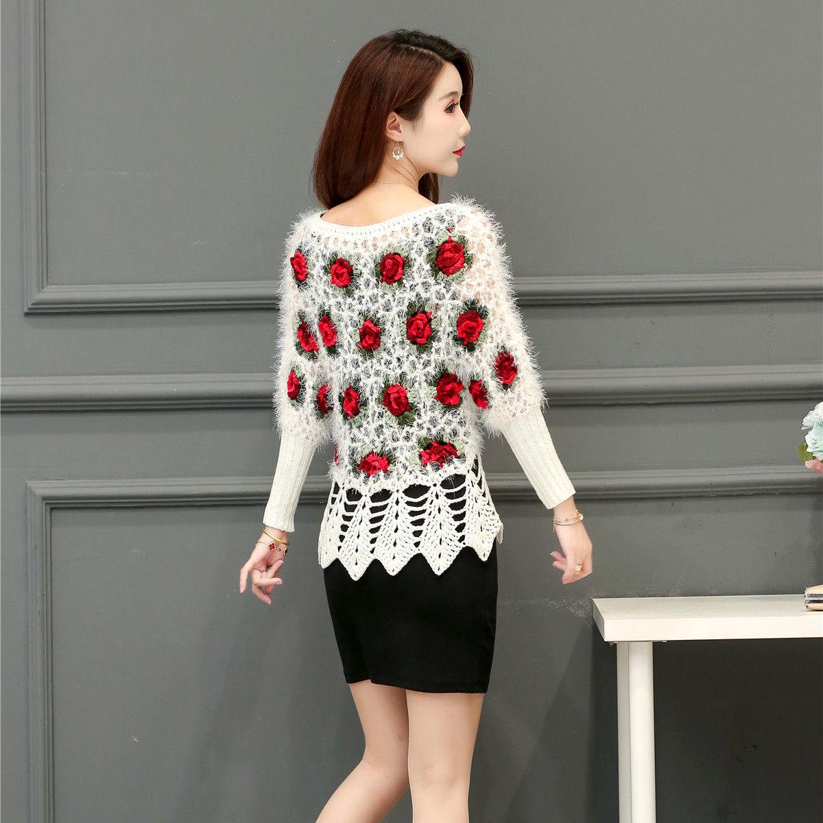 Fall/winter Women Crocheted Knit Jumper Short Pullover Batwing Sweater  Round Neck Mohair Sweater Outwear