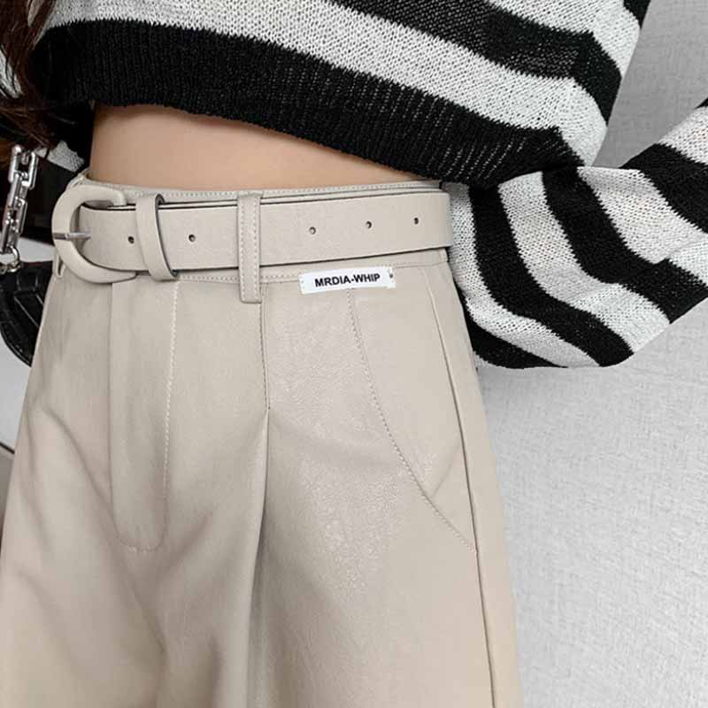 Send Belt PU Leather Shorts Female Autumn and Winter A-line All-match Boot Pants Large Size High Waist Wide Leg Loose Outer Wear Casual Pants