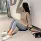 Pofulove 5 Colors Cute Thick Knitted Shirt O-neck Loose Women Blouse Simple Color Splite Sweaters