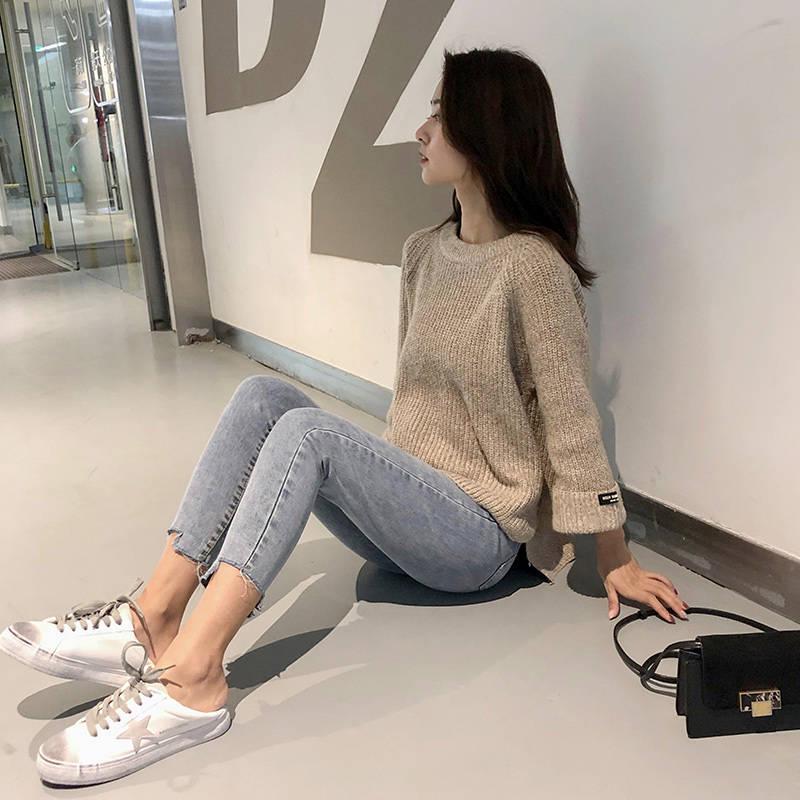 Pofulove 5 Colors Cute Thick Knitted Shirt O-neck Loose Women Blouse Simple Color Splite Sweaters