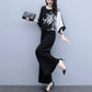 Women's Black Two-piece Wide-leg Trousers Printed Belly Slimming Shirt Casual Suit Women's Plus Size Temperament Casual Loose Suit