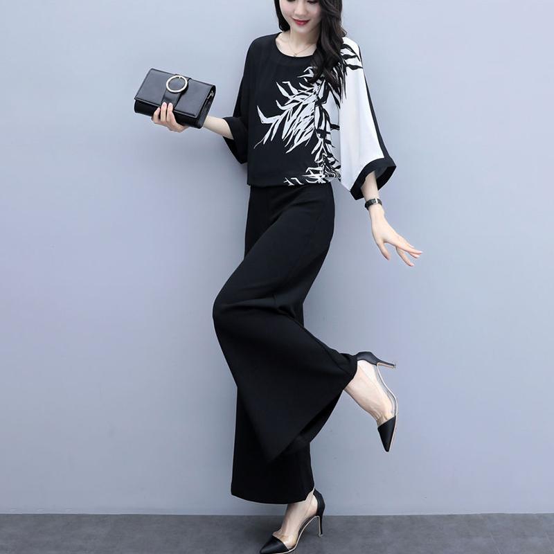 Women's Black Two-piece Wide-leg Trousers Printed Belly Slimming Shirt Casual Suit Women's Plus Size Temperament Casual Loose Suit