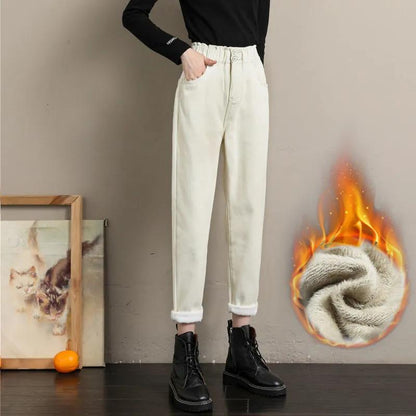 Plus Velvet Jeans Apricot Women's Trousers High Waist Winter Thin Straight Harem Pants Thickened Warmth Fashionable Loose Pants