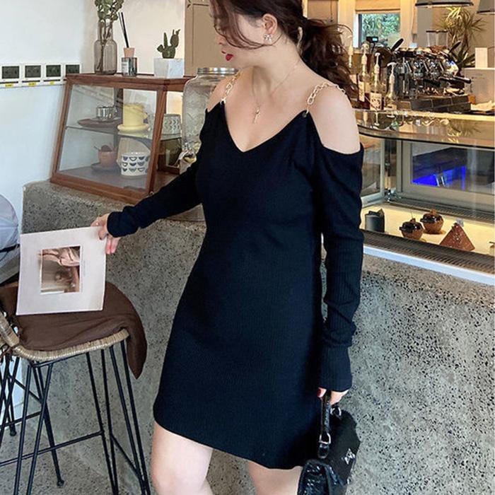 XXXXL Plus Size Women's Clothing Chain Sexy Babes Sling Dress Hollow Out Strapless Long Sleeve V-neck Black Skirt