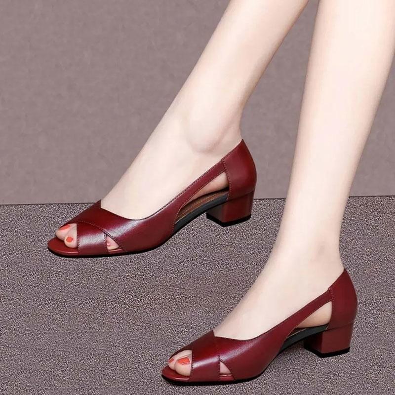 Soft Leather Sandals Women Fish Mouth Thick Heel Sandals Women's Fashion Hollow Roman Medium Heel Leather Shoes