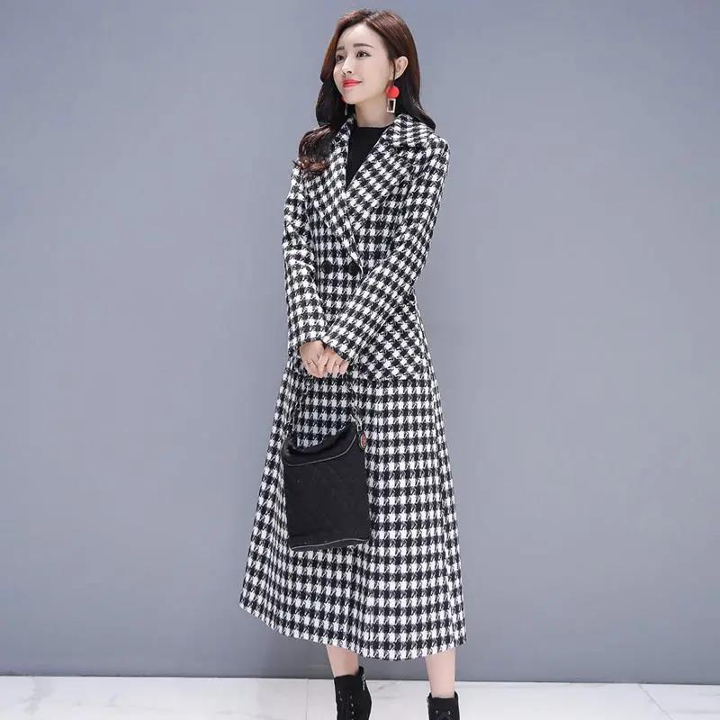 Autumn and Winter Thick Woolen Coat Loose Houndstooth Woolen Coat Women's Mid-length Warm Coat Ladies Temperament Coat
