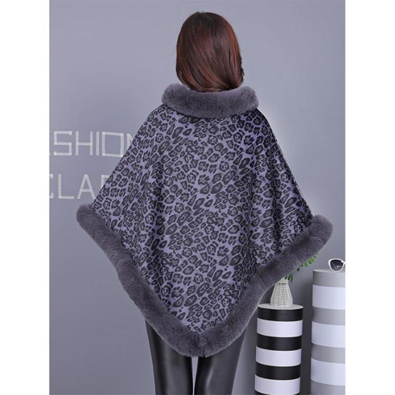Women's Leopard Print Cape Shawl Autumn Winter Plus Velvet Thick Sleeveless Bat Blouse Jacket with Fur Collar Stand-up Collar Pullover Cloak Mantle