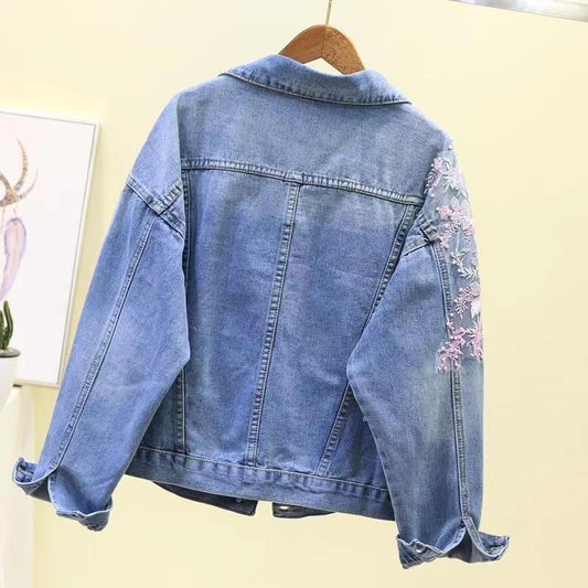 3D Embroidered Jean Jacket Three-dimensional Flower Pearl Hole Denim Jacket Women's Loose Short Jacket Top Vintage Denim Cardigan