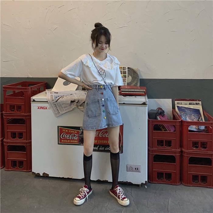 Women Summer High-waisted Skirt Student Casual Anti-light-out Was Thin Mini A-line Denim Short Skirt