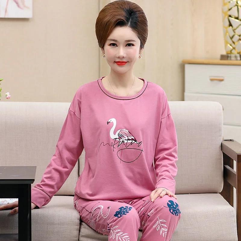 Women Pajamas Set Cotton Sleepwear Suit Spring Autumn Long Sleeve Pyjamas Casual Loose Home Wear Pullover Nightwear with Round Collar