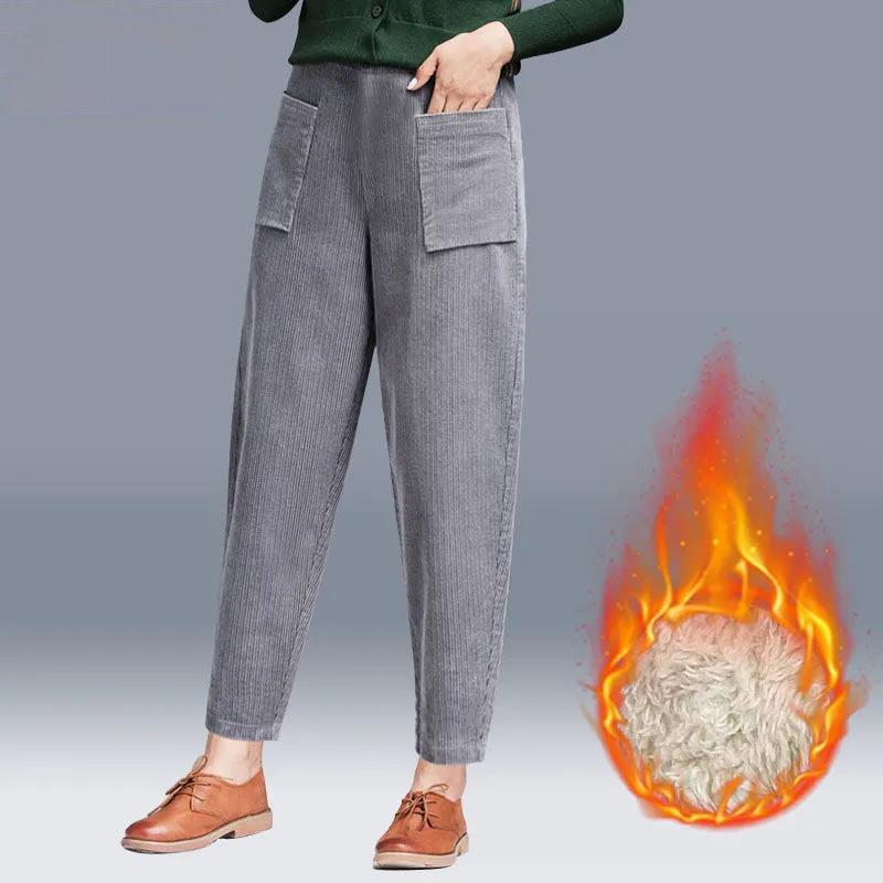 Plus Velvet Autumn and Winter Corduroy Pants Radish Pants Plus Velvet Stretch Loose Deep Pocket Women's Trousers Large Size Was Thin