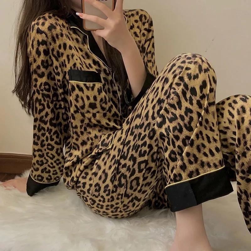 Women's Autumn Winter Sexy Leopard Printing Pajamas Long-sleeved Lapel Loose Homewear Suit Casual Out Wear Pyjamas Set Female Comfortable Nightgowns