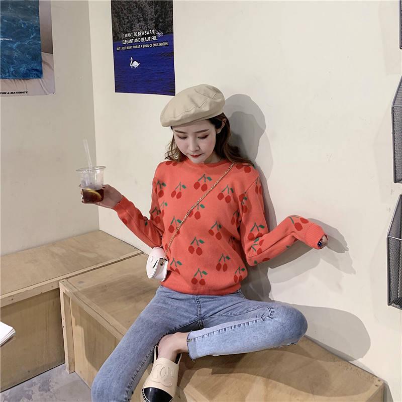 Sweet Cherry Print Loose Slim Was Thin Round Neck Sweater Women's Wild Pullover Sweater
