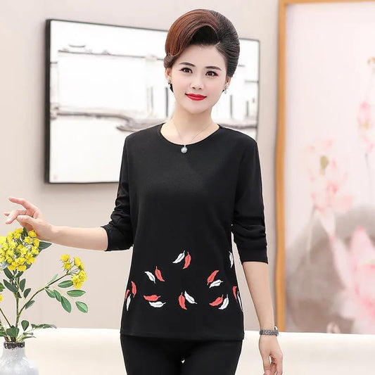 Mother Wear Round Neck Long-sleeved T-shirt Loose Print Shirt New Base Warm Small Shirt Thin Spring and Autumn Clothes