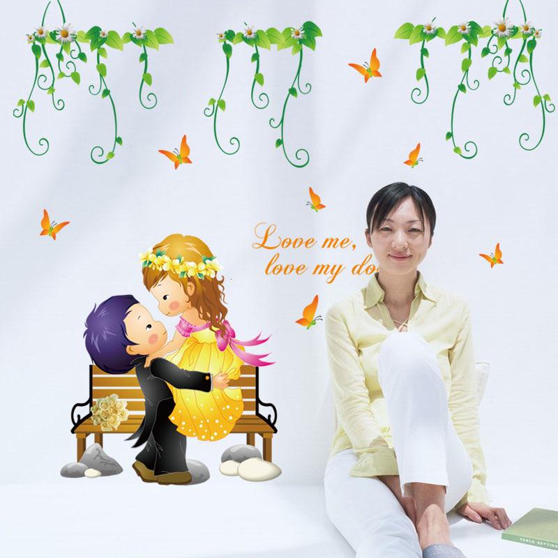 [Wall sticker ]New Cartoon Bride And Groom Wall Stickers Romantic Wedding Decorative Decals Wall Bed