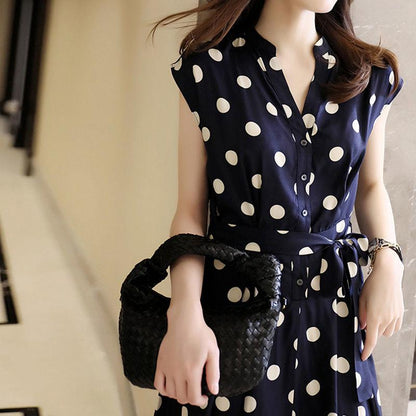 French Retro Polka Dot Dress Female Summer Short-sleeved Waist Waist Was Thin All-match Casual Over-the-knee Skirt