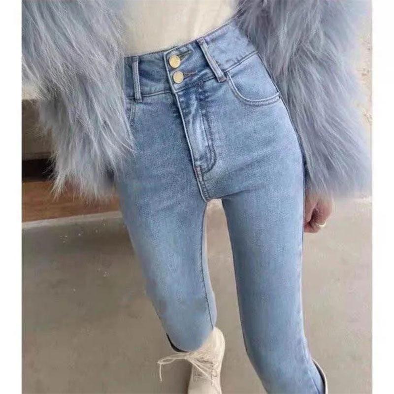 Double Button Women's High Waist Jeans Pencil Pants Korean Style Elastic Thin and High Pencil Pants Ladies Leggings