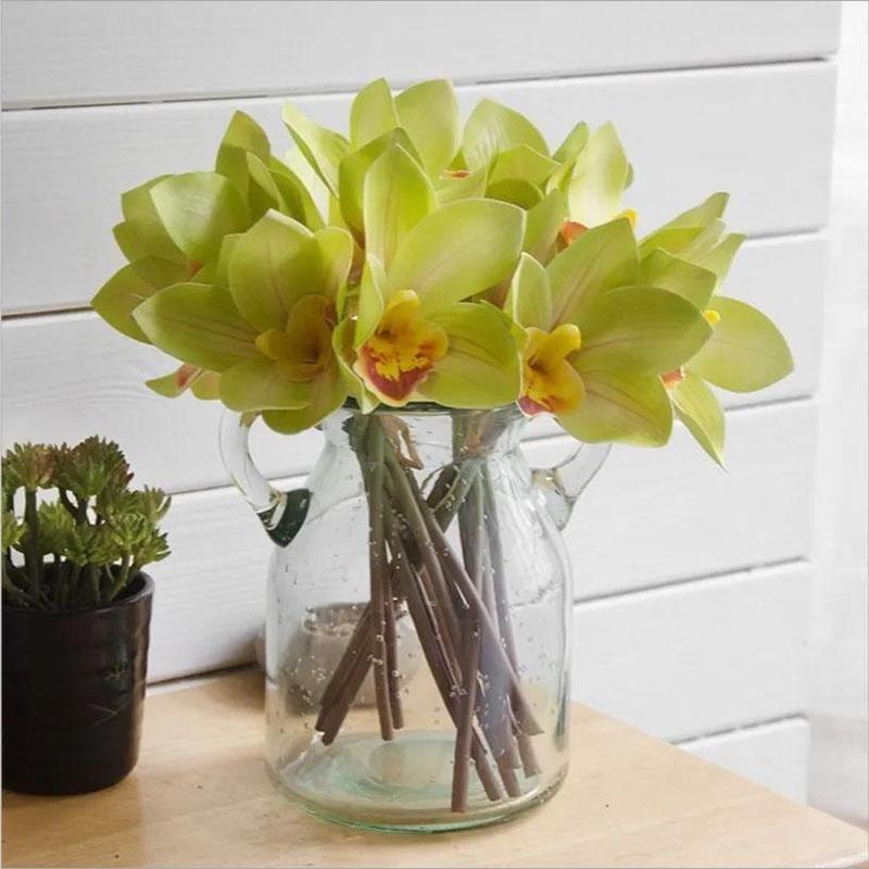 Simulation Bouquet 4 Heads Hand Pierced Feel Cymbidium Artificial Flowers Home Decoration Flower Vase Flower Arrangement