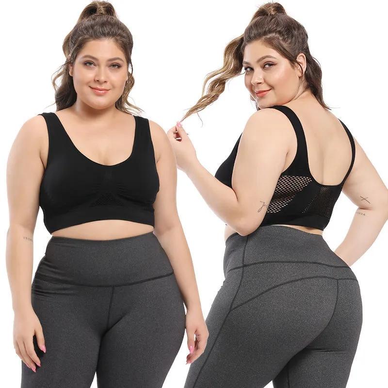Women's Plus Size Seamless Bra with Pads Solid Color Breathable Bra Hollow Out Sports Yoga No Wire Gathering Vest Bra